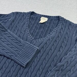 L.L. Bean Cable-Knit Sweater Womens Large Blue V-Neck Pullover Cotton
